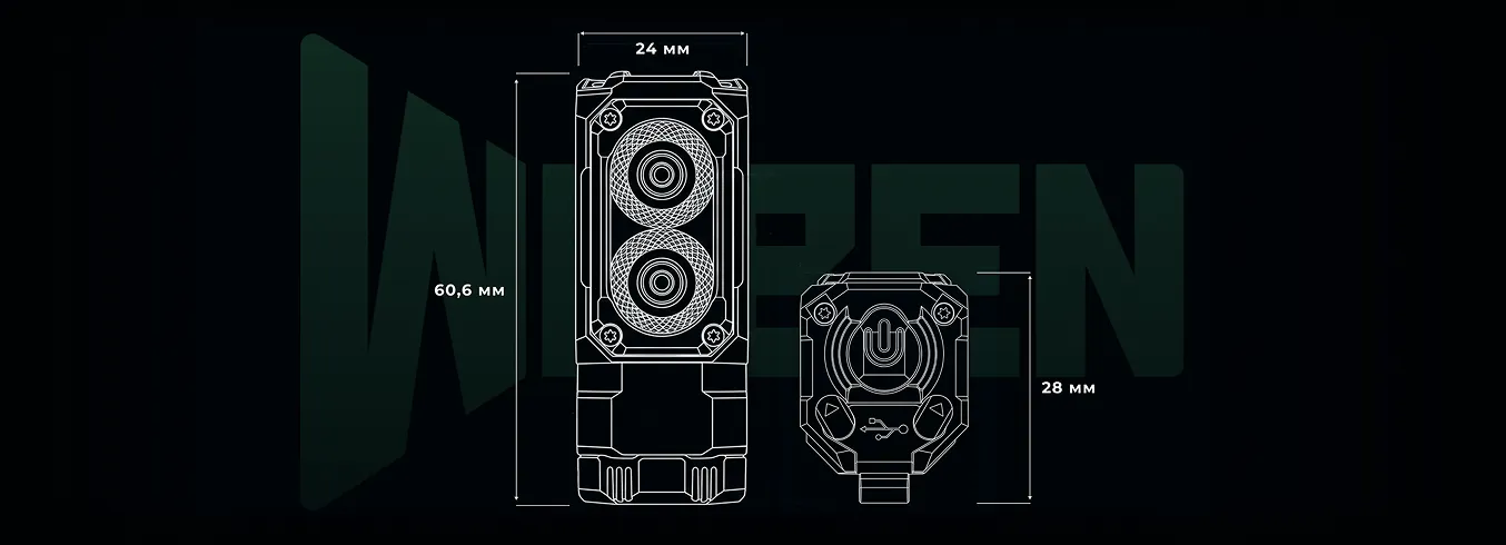 Размеры устройства налобного фонаря Wuben E7 Green 5000K