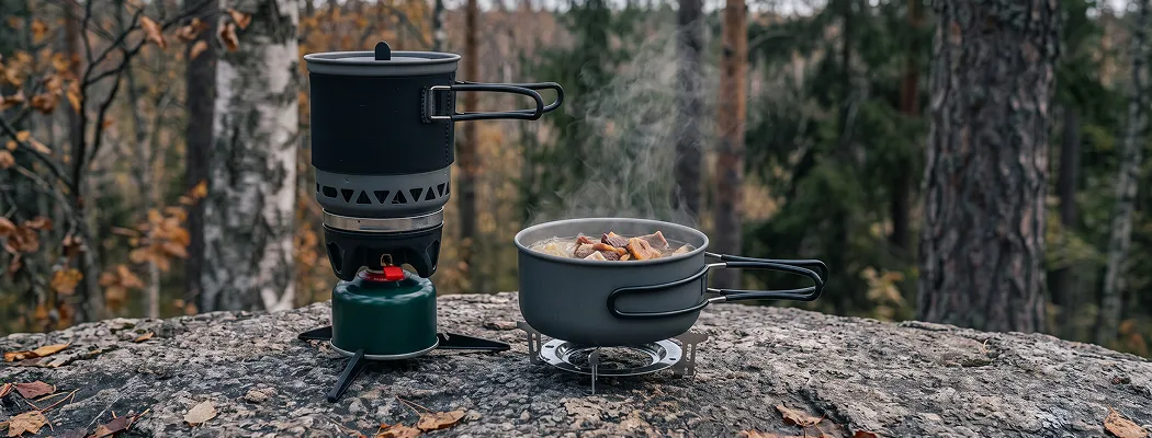 Газовая горелка и котелок с горячим блюдом на привале осенью
