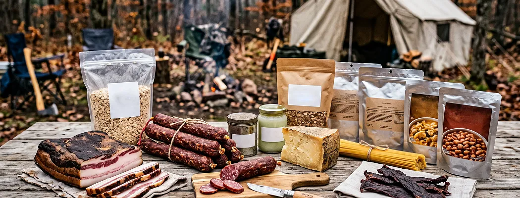 Продукты для похода: сало, сырокопченые колбасы, сыр, крупы и сублиматы