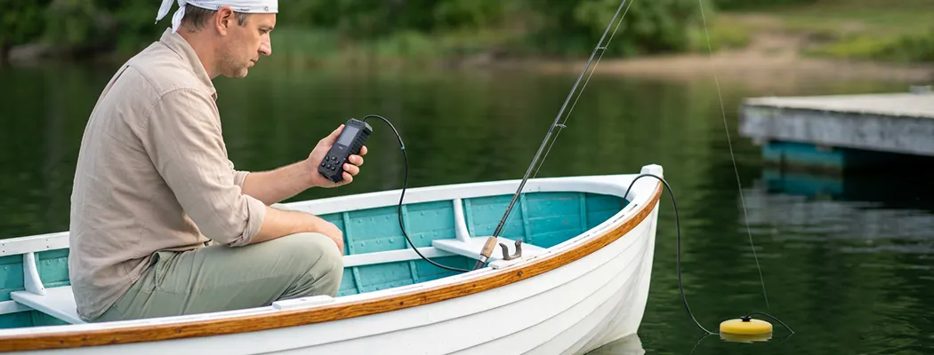 Рыболов с эхолотом TRD в лодке на водоеме