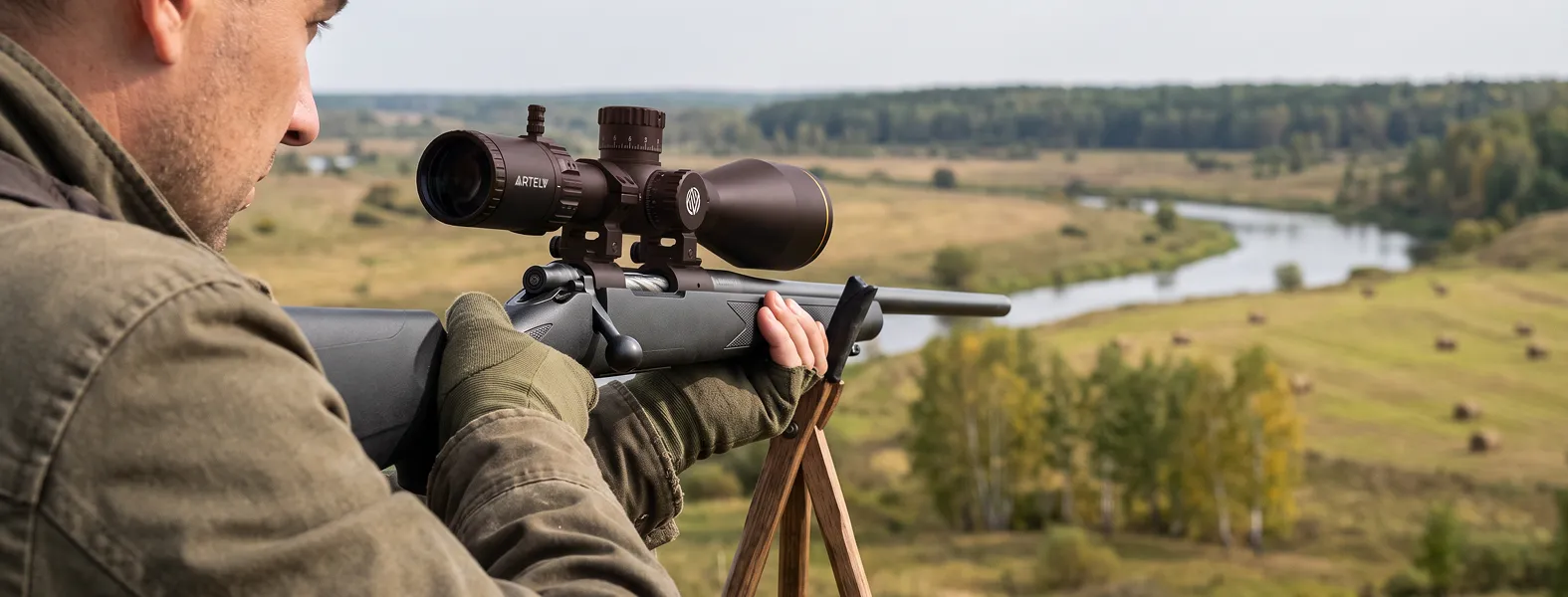 Стрелок с карабином и прицелом ARTELV AIMSET на опоре над речной долиной