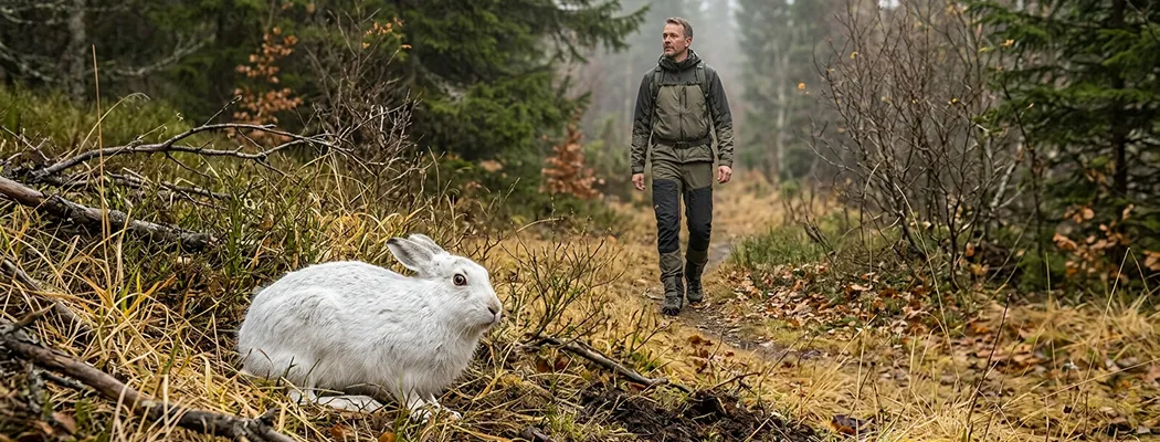 Охотник идет по лесной тропе мимо затаившегося зайца