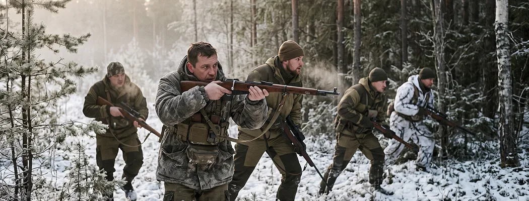 Команда охотников с ружьями на загонной охоте в зимнем лесу