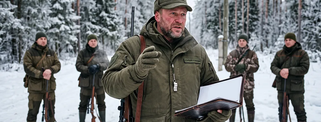 Старший команды проводит инструктаж охотников перед началом загона