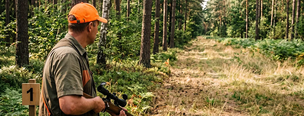 Охотник в оранжевой кепке стоит на первом номере вдоль лесной просеки